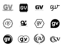 GV logo company template. Letter g and v logotype. Set different classic serif lettering and modern bold text with design elements. Initial font typography. vector