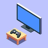 Illustration of Game Controller on Table and in Front of TV with Isometric Design Style vector