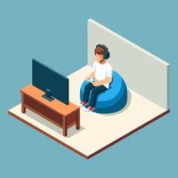 A Man Holding A Game Controller In Front Of A TV With Isometric Design Style vector