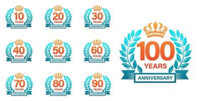 Set of Anniversary Emblems with wreath, 10-100 Years vector