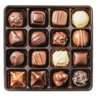 Assorted chocolates in a box on a wooden table png