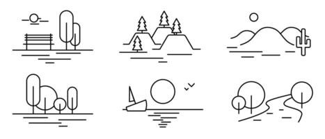 Minimalist landscape icons set with trees and mountains vector