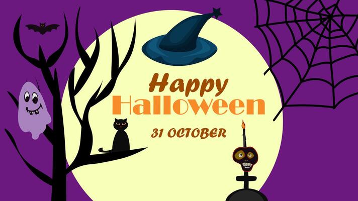 Happy Halloween invitation flyer. A black cat sits on a branch of an ebony tree. Cobweb, ghost, bat, witch hat, human skull with a candle in cemetery. Banner.
