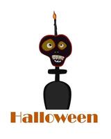 Happy Halloween card. Black human skull with scary eyes on the cross of a gravestone. There is a black candle on top. Poster. Isolated illustration on white background vector