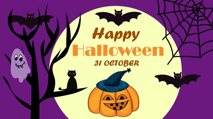 Happy Halloween invitation flyer. A black cat sits on a branch of an ebony tree. Cobweb, ghost, bat, witch hat, Jack-o-lantern. Banner, poster or card