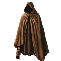 A brown cloak draped on a mannequin, showcasing its elegant design and craftsmanship, illuminated softly in a display setting png