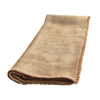 A folded jute table runner displayed on a wooden surface, showcasing its natural texture and earthy color png