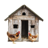 Two chickens outside a rustic wooden coop in a farmyard setting during the day png