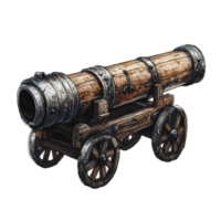 A detailed wooden cannon on wheels, showcasing craftsmanship and design from the early modern era, displayed in a workshop setting png