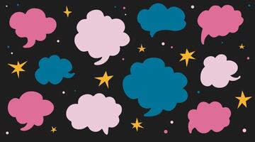 Set of colorful speech bubbles. Dialogue box in doodle style with stars. Text boxes for chats and games. Collection of hand drawn comic speech bubble. Various talk balloon shapes in retro 90's style vector