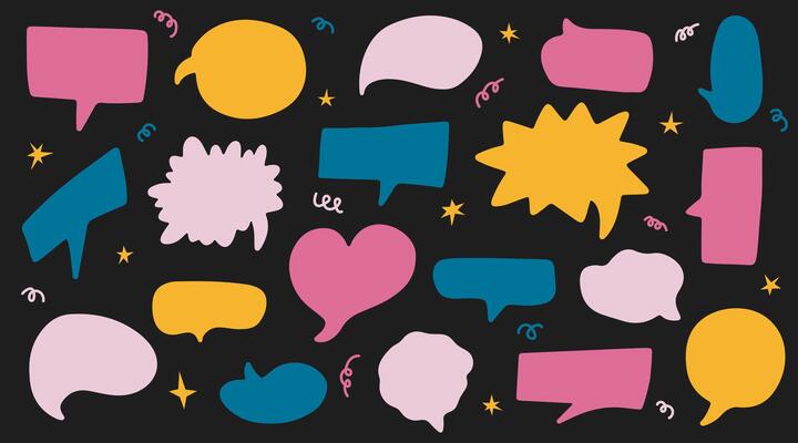 Set of colorful speech bubbles. Dialogue box in doodle style with stars. Text boxes for chats and games. Collection of hand drawn comic speech bubble. Various talk balloon shapes in retro 90's style