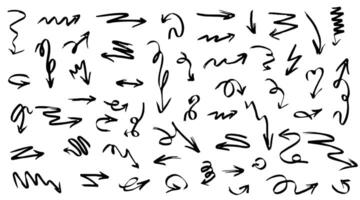 Set of hand drawn various curved lines and arrow curls. Drawing with a marker, different arrows in pen. Isolated icons. Outline direction signs vector