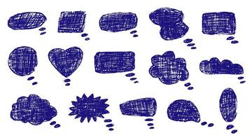 Set of blue pen speech bubbles. Dialogue box in doodle style with scribble textures. Set of abstract shapes and curves. Hand drawn blue pen scribbles. vector