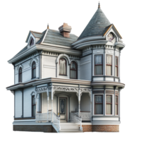 Victorian-style house with intricate details and a gabled roof, situated in a suburban neighborhood png