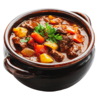Hearty beef stew with vegetables in a rustic pot png