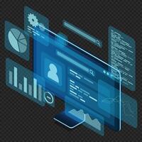 Computer monitor with blue virtual holographic projections with graphs and charts for data analysis. Analytics data on monitor. Web development concept vector