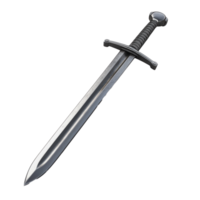 A detailed view of a silver sword resting on a flat surface png