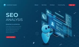 Isometric seo analysis landing page concept. Search engine optimization analysis concept. Digital technology website landing page. illustration vector