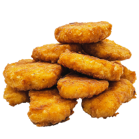 Golden fried chicken nuggets stacked on a plate in a casual dining setting png