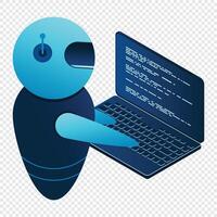 Futuristic robot interaction with computer. Isometric AI robot. Digital communication chatbots. illustration vector
