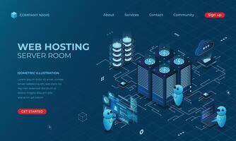 Isometric web hosting landing page concept. Concept of server hosting. Online computing technology. Digital technology website landing page vector