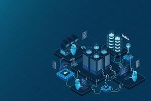 Isometric data center or server room. Data center connection network. Cloud storage. Isometric high technology concept. illustration vector