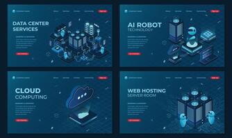 Set of isometric landing page templates. Modern technology concept for datacenter with server, artificial intelligence, and web hosting technology vector