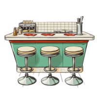 Retro diner countertop with three stools and condiments in a nostalgic setting png