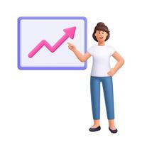 Woman standing in front of a board and presenting the increase revenue chart, pointing showing on board. Chart up. Business and finance concept. 3d people character. Cartoon minimal style. vector