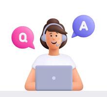 Office operator with headset and speech bubble QA, talking with clients. Customer service, call center, customer support, questions and answers, faq chat concept. 3d people character. vector