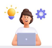 Woman working on the laptop with lightbulb and cogwheel, gear. Creativity innovation, problem solving, brainstorming and business idea concept. 3d people character. Cartoon minimal style. vector