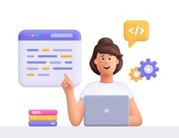 Woman sits at a table and writing code, create software, using laptop. Software and web development, programming and coding concept. 3d people character. Cartoon minimal style. vector