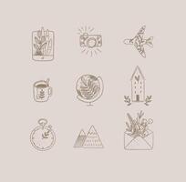 Set of travel nature icons in hand made line style tablet, camera, plane, tea cup, globe, house building, clock, mountains, envelope drawing on beige background vector