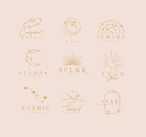 Flat elegance astrology labels with lettering in modern line style drawing with brown lines on beige background vector
