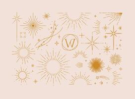 Set of flat design elements sun, sunset, sunbeams, stars borders, frame in modern line drawing with brown color lines on beige background vector