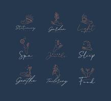 Hand symbol templates pen, branch, candle, dandelion, crystal, moon, scissors, needle, leaf in modern line style drawing on blue background vector
