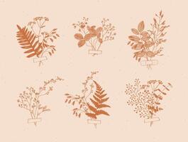 Branches and leaves are collected into a bouquet with sticker drawing in mustard color on beige background vector