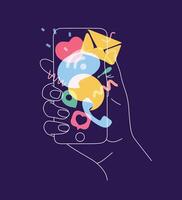 Phone in hand with colorful multitasking symbols drawing thin lines on blue background vector