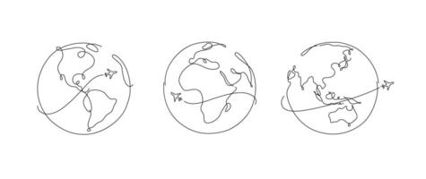 Hand drawing globe plane traveling in pen line style on white background vector