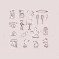Set of kitchen bakery stuff drawing in handmade graphic primitive casual style on peach background. vector