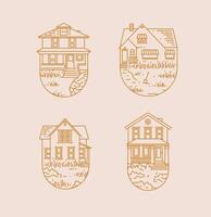 Set of house badges different forms drawing in flat style with gold lines on beige on white background vector
