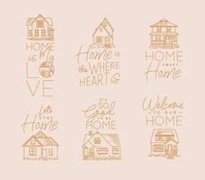 Set of house signs different forms with lettering drawing in flat style with gold lines on beige background vector