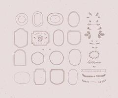 Set of frames and decor elements in handmade graphic primitive casual style on peach background. vector