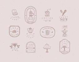 Set of kitchen labels with lettering drawing in handmade graphic primitive casual style on peach background. vector