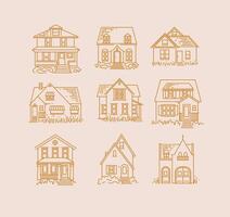 Set of house different forms icons drawing in flat style with gold lines on beige background vector