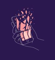 Phone in hand deleting data drawing with thin lines on blue background vector