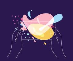 Phone in two hands interactive games with colorful splashes drawing thin lines on blue background vector