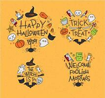 Set of halloween color monograms drawing in flat style on mustard background. vector