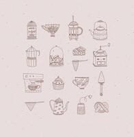 Set of kitchen equipment icon drawing in handmade graphic primitive casual style on peach background. vector