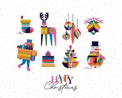 Set of Christmas symbols in cubism style sock, tree, cone, tree, decorations, snowman, candle drawing on white background vector